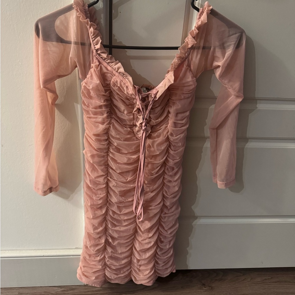 Fashion Nova Ruffled Long Sleeve Dress in Blush